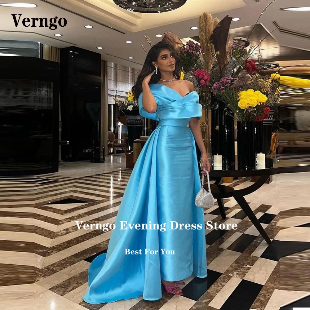 

Verngo Light Sky Blue Satin Simple Prom Party Dresses Off the Shoulder Ankle Length Saudi Arabic Women Prom Gowns Formal Event