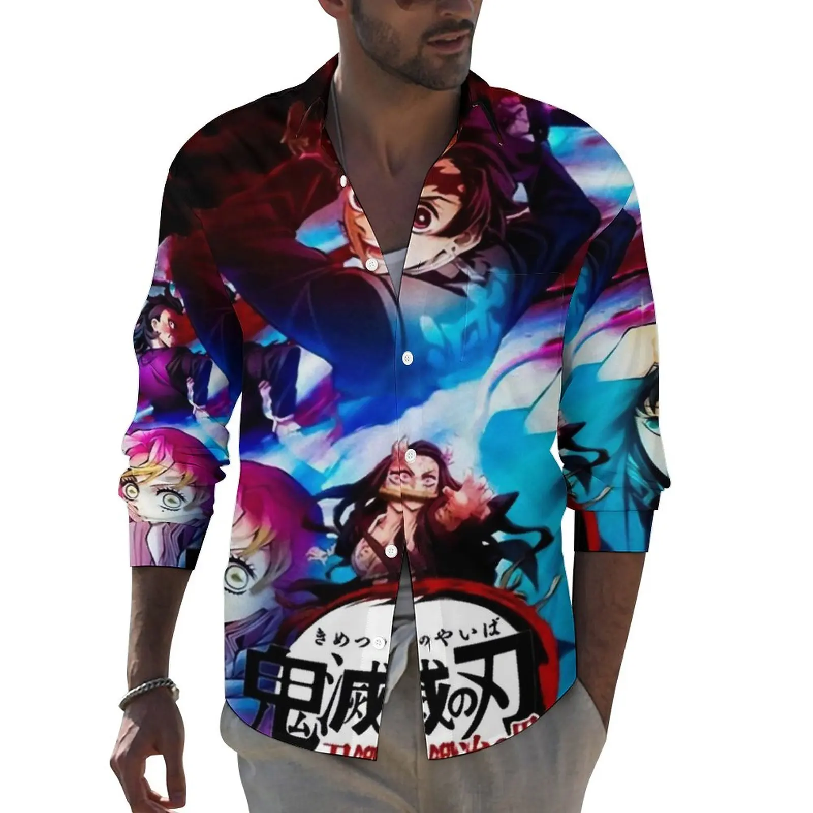 

Demon Slayer Streetwear Casual Shirt Men Swordsmith Village Arc Shirt Spring Novelty Blouses Long Sleeve Printed Oversized Top