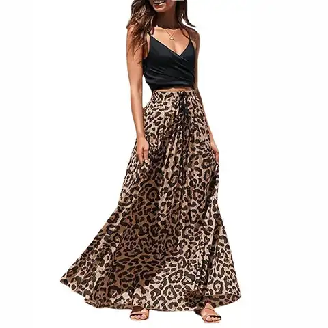 Women Long Skirts Casual High Waist Leopard Print Loose Long Vestidos A-Line Skirt KLQ-202101