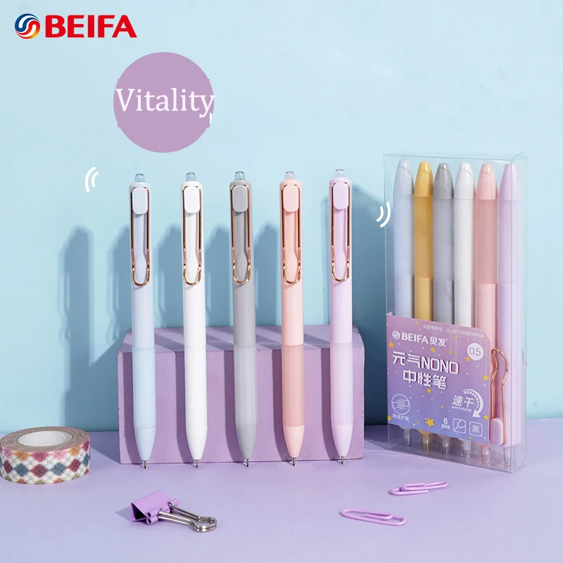 

Beifa Kawaii 6pcs/set Gel Pen Ballpoint Pens Student Stationery 0.5MM Black Ink Pучка Caneta for Office School Fluent Writing
