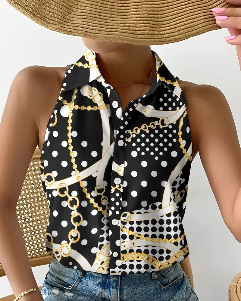 

Print Shirts Summer Fashion Button Sleeveless Printed White Shirt