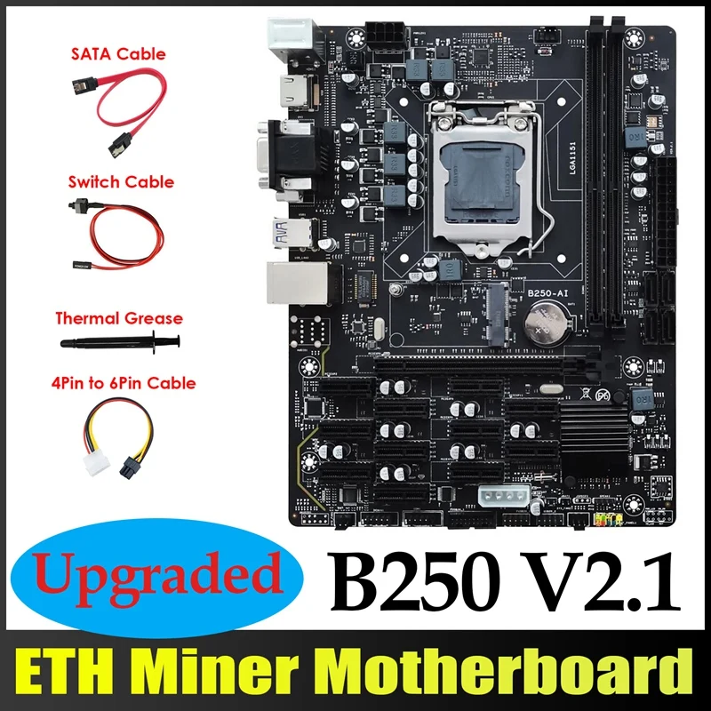 B250 AI BTC Motherboard +4Pin To 6Pin Cable+SATA Cable+Switch Cable+Thermal Grease