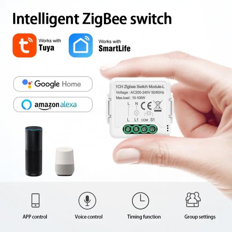 

Tuya Smart ZigBee Light Switch Module No Neutral Wire Required Switch Support 2 Way Control Works Alice Alexa Hey