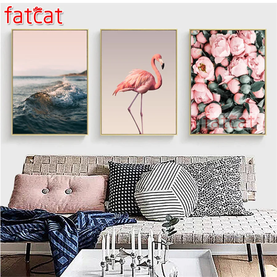 

FATCAT diy 3 piece mosaic pink peony flamingo sea diamond painting triptych full rhinestone embroidery flower home decor AE3358