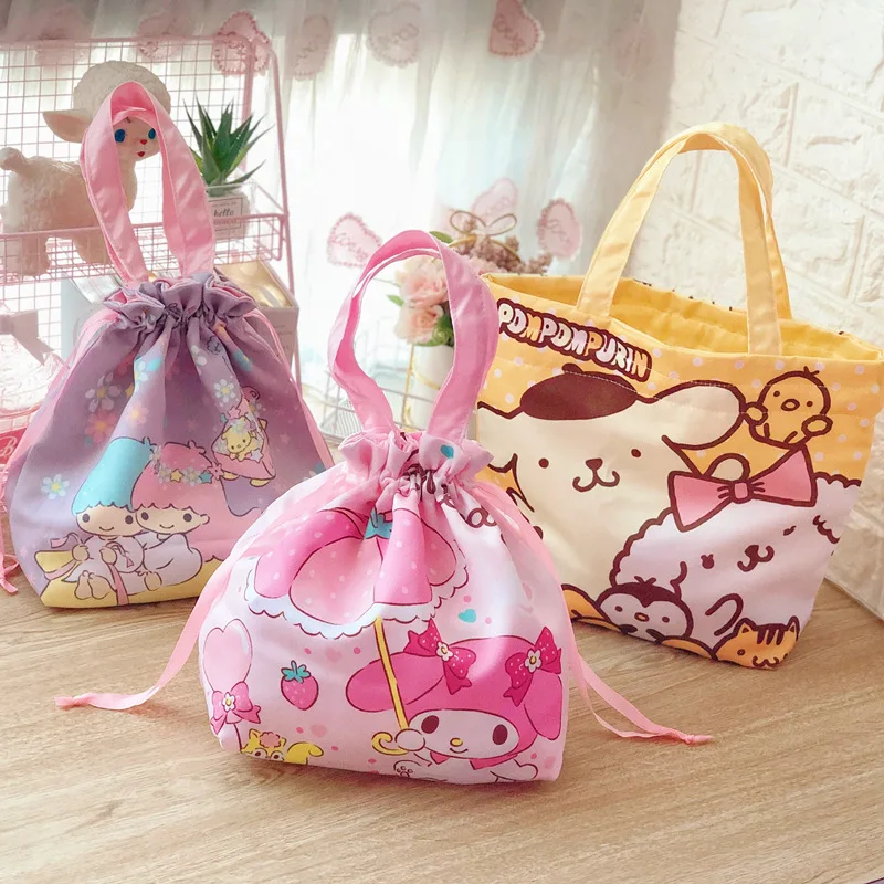

New Cute Cartoon Sanrioed Drawstring Bag Kawaii MyMelody Kuromi Cinnamoroll Kitty Bento Bag Hand Drawstring Pocket Lunch Box Bag