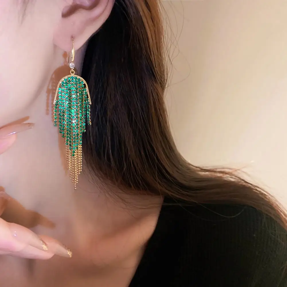 

2022 New Trendy Blue Red Rhinestone Tassel Earrings For Women Statement Jewelry Shine Crystal Large Size Long Earring Party