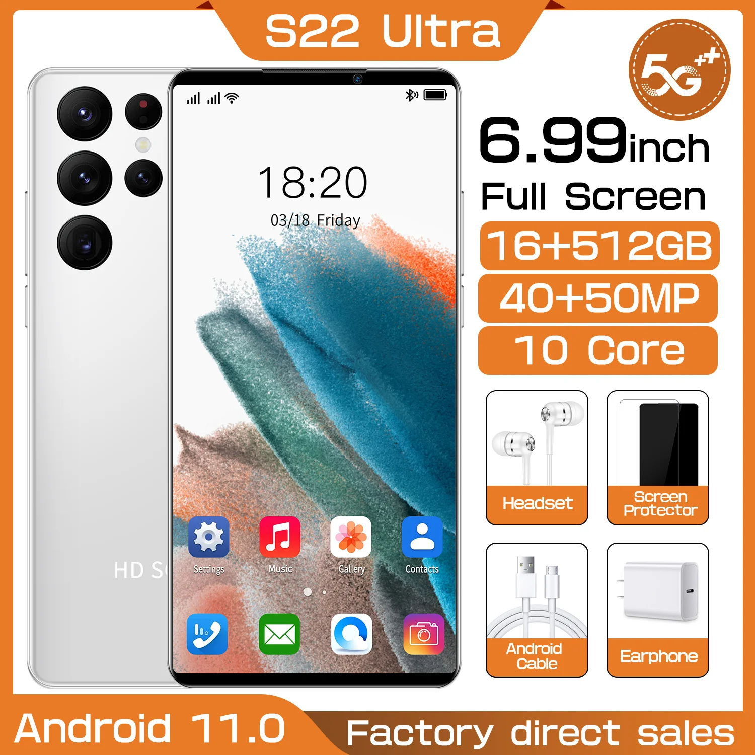 

Смартфон S22U + Ultra, 6,99 дюйма, 16 + 512 ГБ, 40 + 50 Мп, Android 11,0