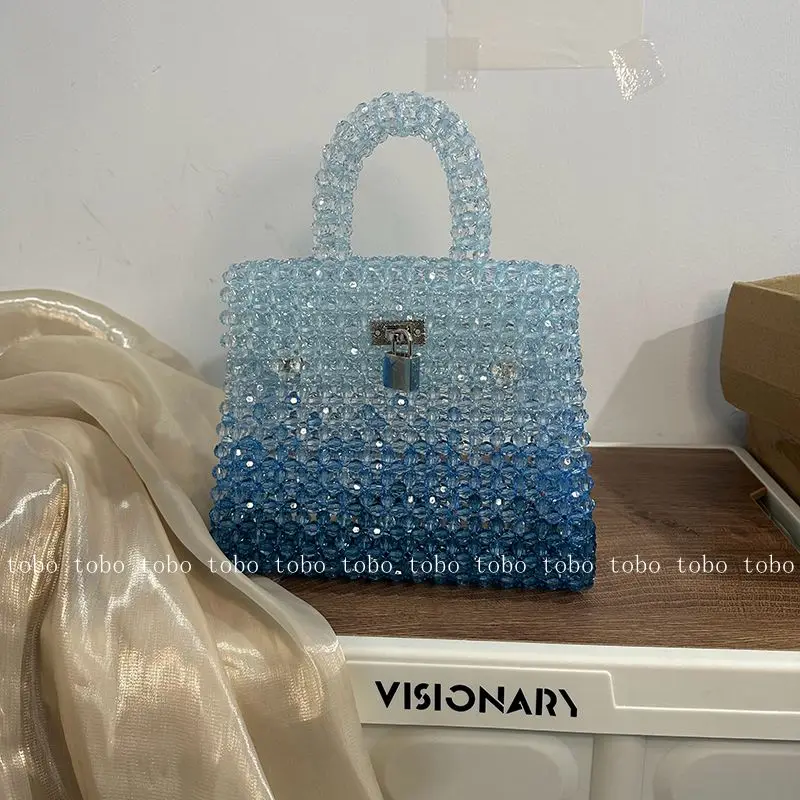 

own design customized beaded luxury brand handbag gradient blue designer style large capacity luxury brand bag ladies party bags