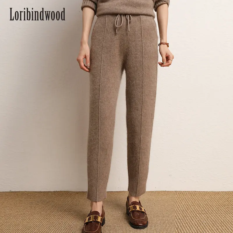 Women Pants 2023 New Autumn and Winter Soft Comfortable High-Waist 100% Cashmere Knitted Thickening Pants Female Elastic 4Colors