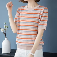 2022 new middle aged mother summer dress ladies top striped short sleeved t shirt womens half sleeved ice silk sweater