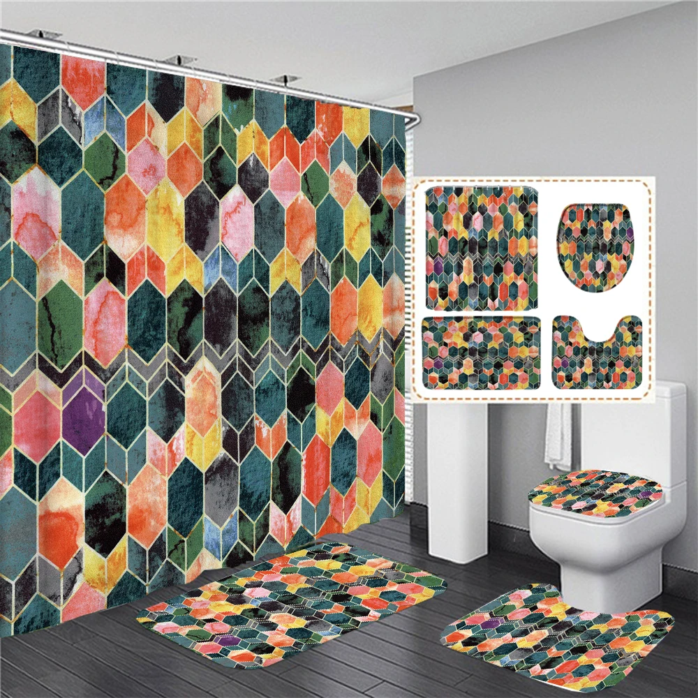 

3D Colourful Geometric Marble Printed Shower Curtain Sets Bathroom Curtain Striped Toilet Lid Cover Bath Mat Non-Slip Rugs Decor