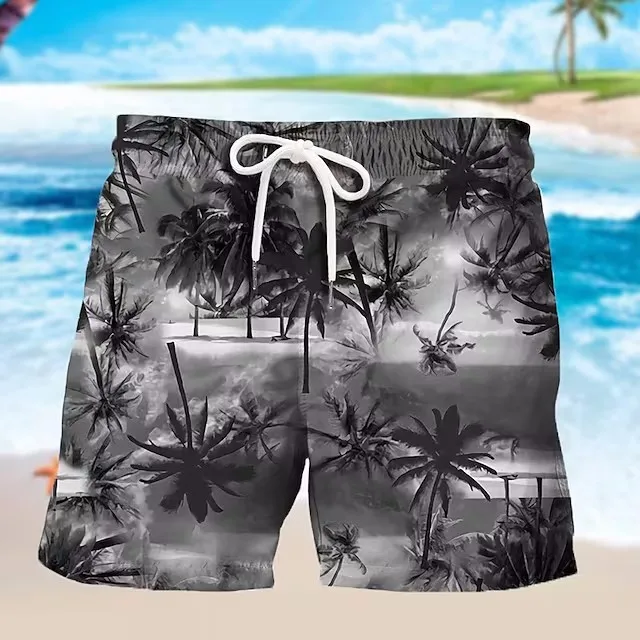 

2023 Summer 3D Printed Mens Shorts Colorful Coconut Trees Graphic Beach Pants Drawstring Mesh Lining Elastic