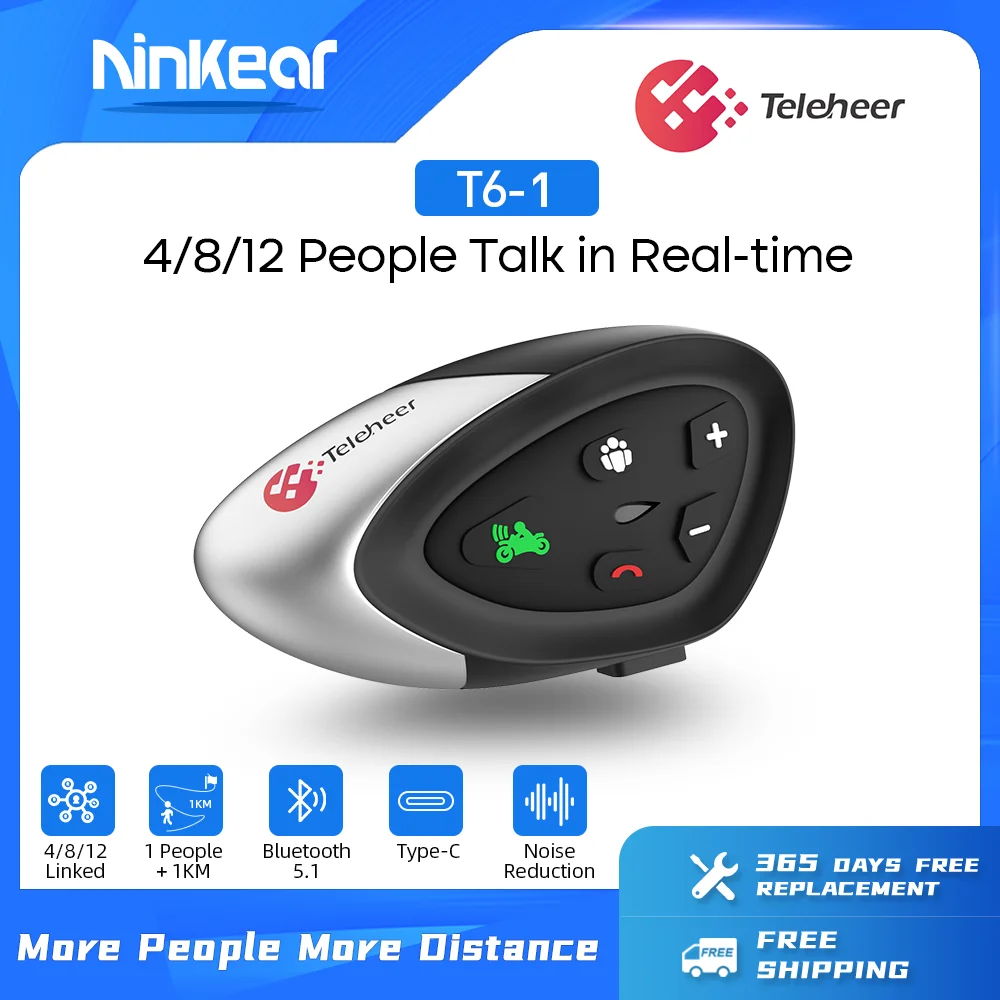 

Переговорная гарнитура для мотоциклетного шлема Ninkear Teleheer T6-1 1 шт. с 1000 м IP65 BT переговорное устройство для 4/8/12 водителей