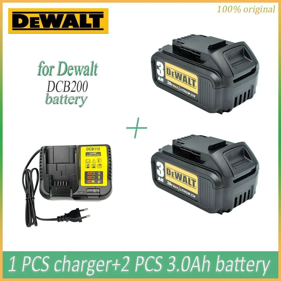 DeWalt DCB200 Original 20V 3000mAh Rechargeable Power Tools Battery with LED Li-ion Replacement DCB205 DCB204-2 DCB206+Charger