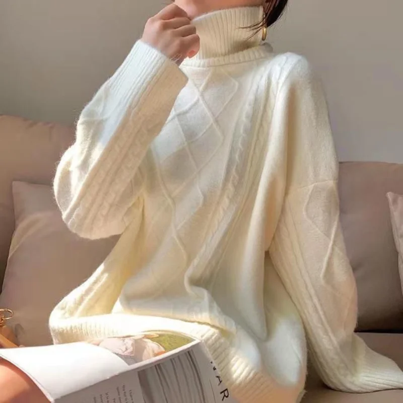 

High-neck solid color diamond twist sweater women knitted loose sweater 2022 autumn and winter bottoming pullover sweater top