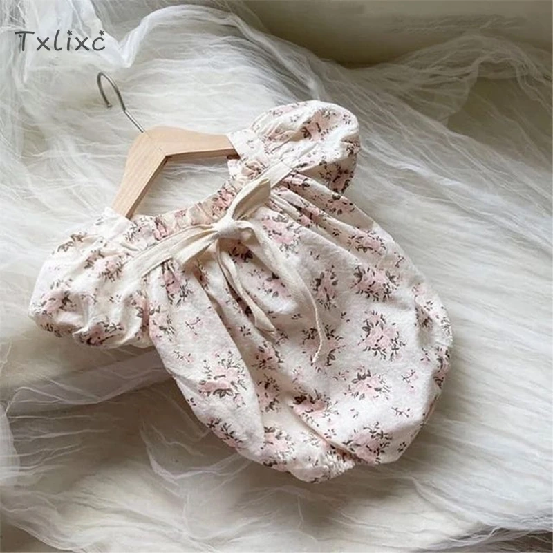 

Txlixc Baby Girl Sister Matching Outfits Romper/ Dress Flower Print Square Neck Short Puff Sleeve Dress Girls Summer Clothes