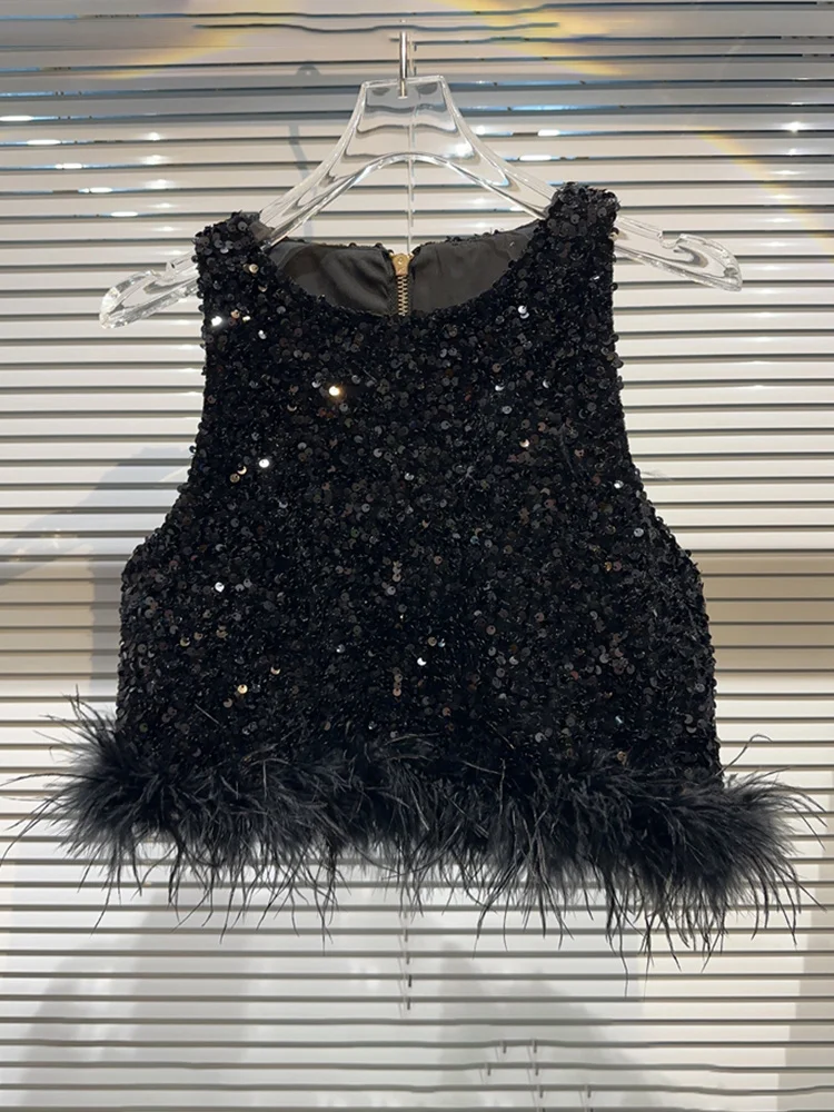 DEAT Брюки с перьями на подоле жилет без рукавов молнии женские вечерние юбки