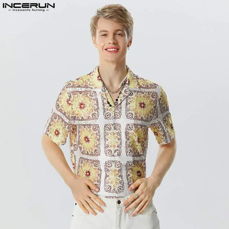 

Stylish Hot Selling Tops INCERUN Men's Tracery Lace Printing Shirts Handsome Male Well Fitting Short Sleeved Lapel Blouse S-5XL