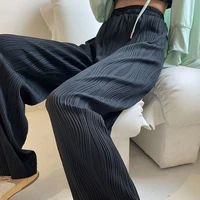 fashion black wide leg bottoms women summer elegant palazzo pants stripe full length trousers high waist causal texture elastic