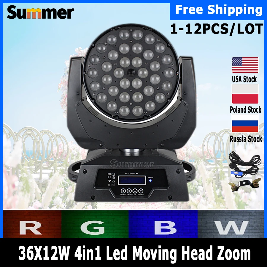 

1-12 шт. светодиодов, 36x12 Вт, RGBW Луч + моющийся зум, движущийся головной светильник для диджея, дискотеки, вечеринки, бара, танцпола, сценическог...