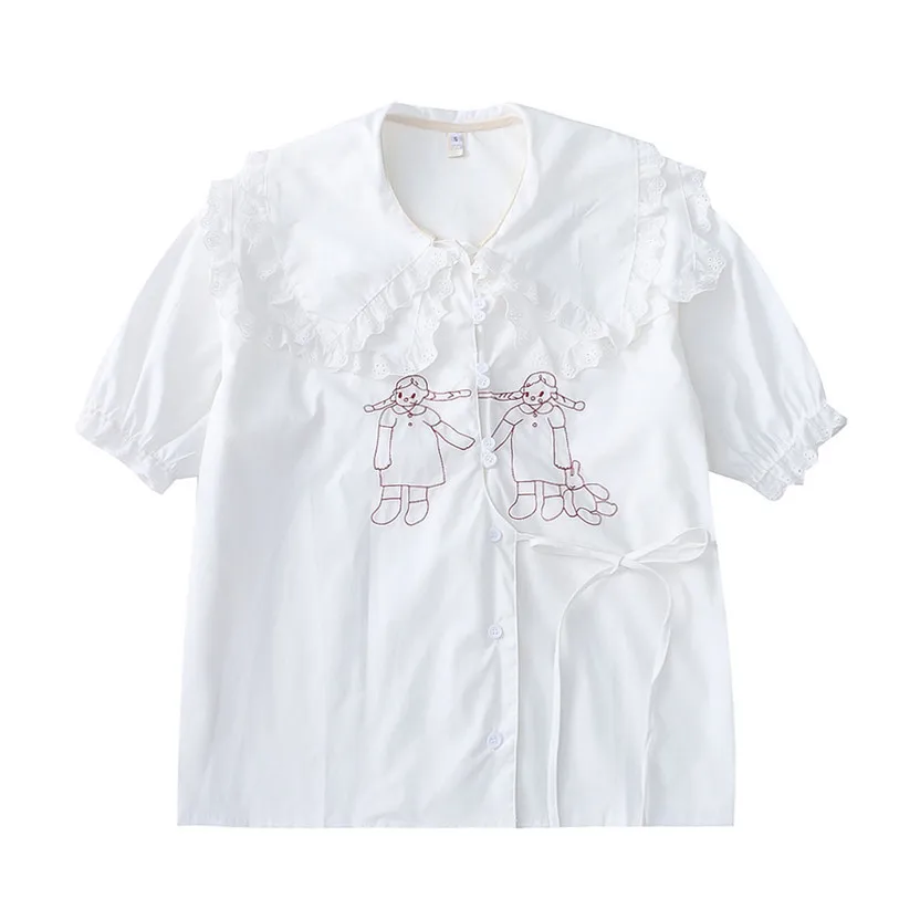 

Original Niche Girl Series Women's White Blouse Lace Peter Pan Collar Cartoon Dembroidery Short-sleeved Ladies Summer Shirts Top