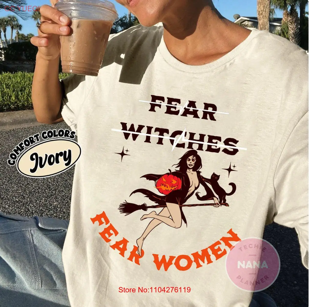 Funny Halloween T Shirt Fear Witches Women Party Spooky Season Witchy Vibes Cat Lovers long or short sleeves