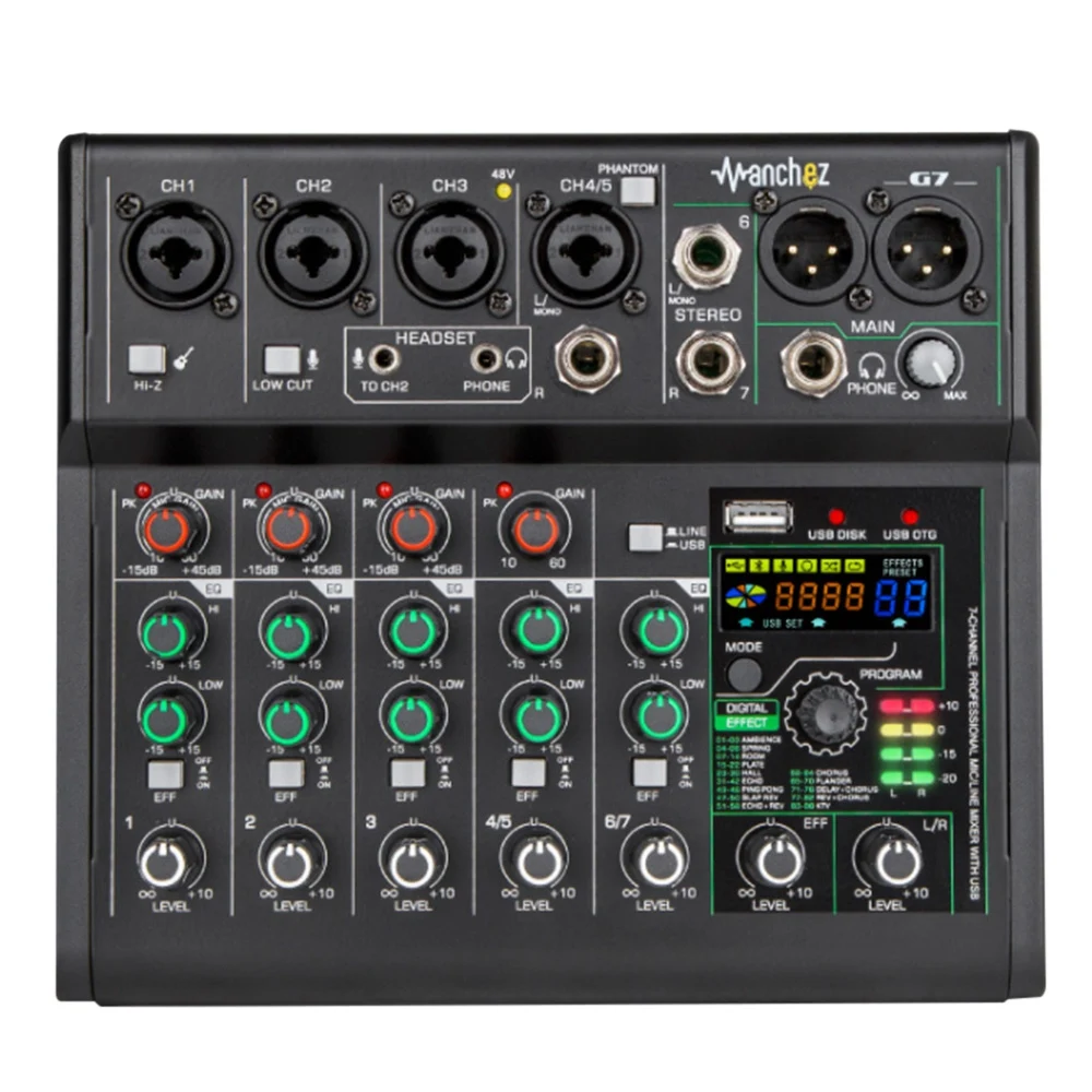 

G7 7 Channel USB Bluetooth 88 Mixing Effects Sound Card Audio Mixer Sound Board Console Desk System Interface (US Plug)