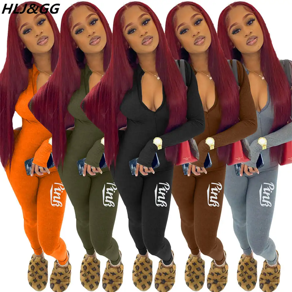

HLJ&GG Sexy Bodycon PINK Letter Print Jumpsuits Women Deep V Zip Long Sleeve Skinny Pants One Piece Playsuits Fall Rompers 2022