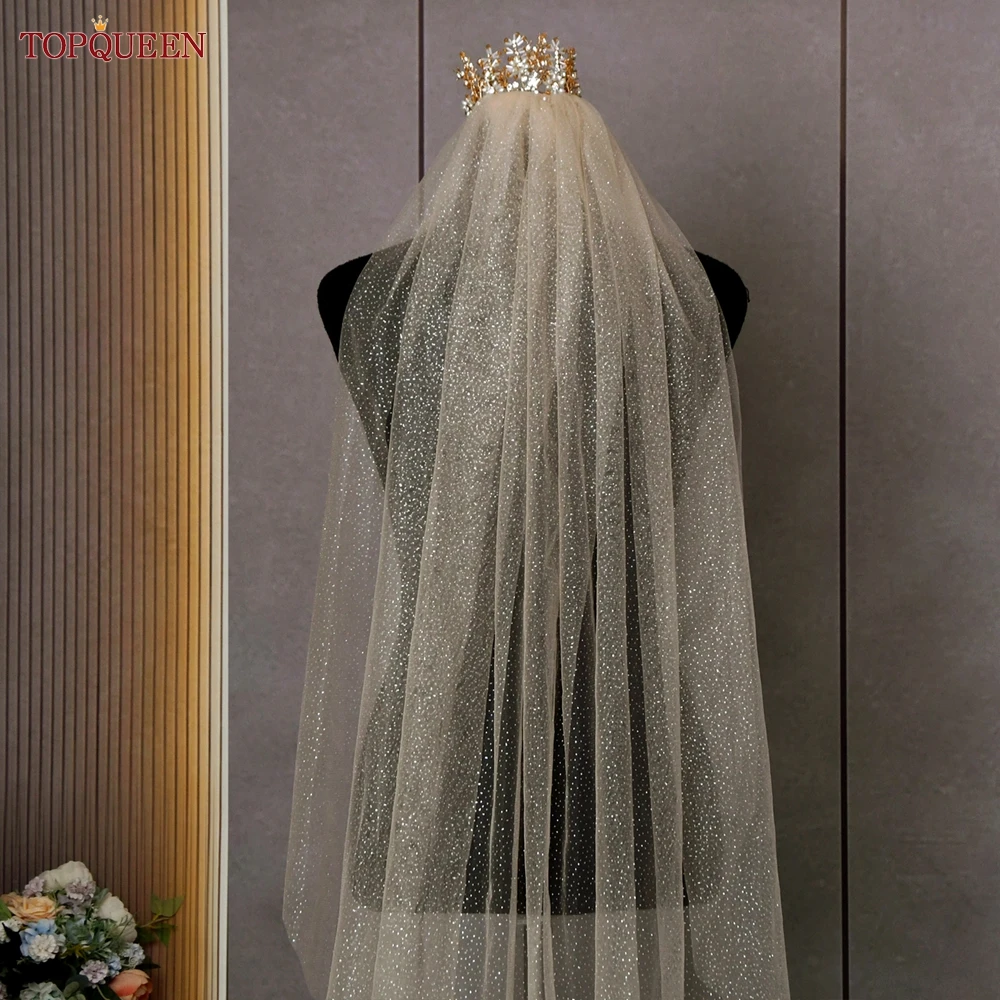 Topqueen V101 Sparking Bridal Veils Long Luxury Golden Bride Wedding Veil Cathedral Champagne Colored Yarn with Sequins Royal
