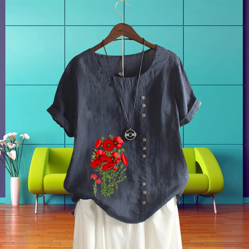 

O Neck Flower Floral Pattern SummerT Shirt Loose Top for Lady Women's Clothing Casual Style Cotton Linen Print Short Sleeve