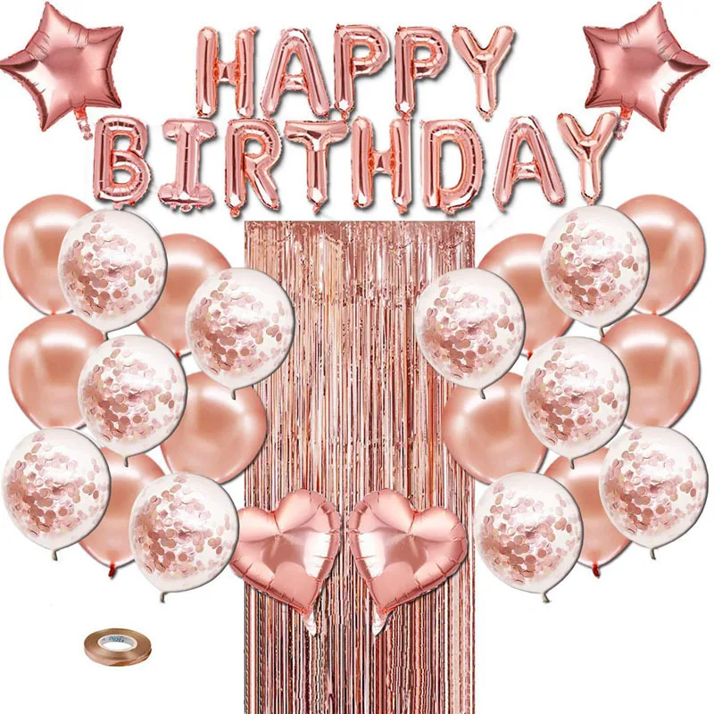 

26 шт., розовое золото, украшение на день рождения, набор «С Днем Рождения», надпись, воздушный шар, шелковая занавеска для дождя, детский душ, день рождения, вечеринка, Декор, поставка