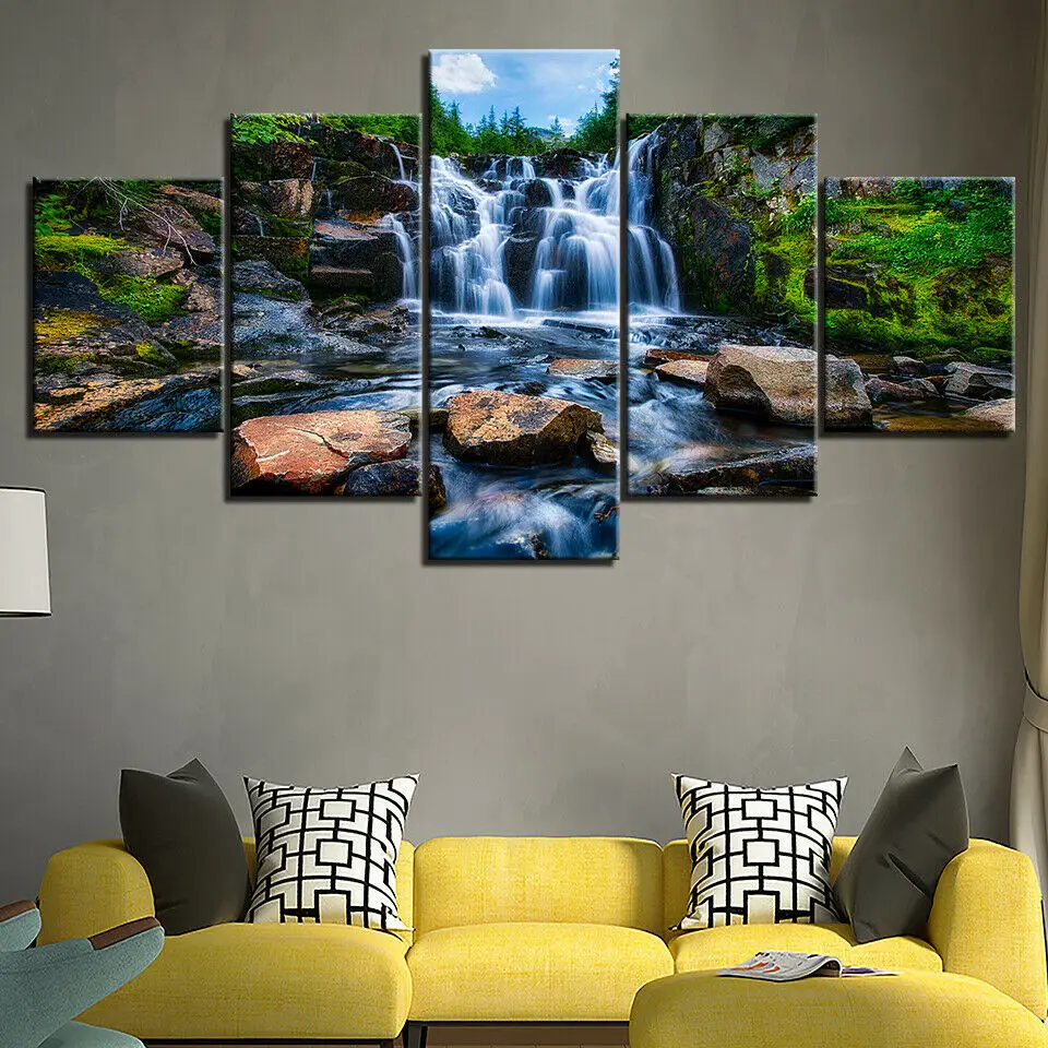 

Пейзаж водопад лесной поток озеро холст печать живопись настенный Декор 5 шт. 5 панелей HD Печать постер декор комнаты картины