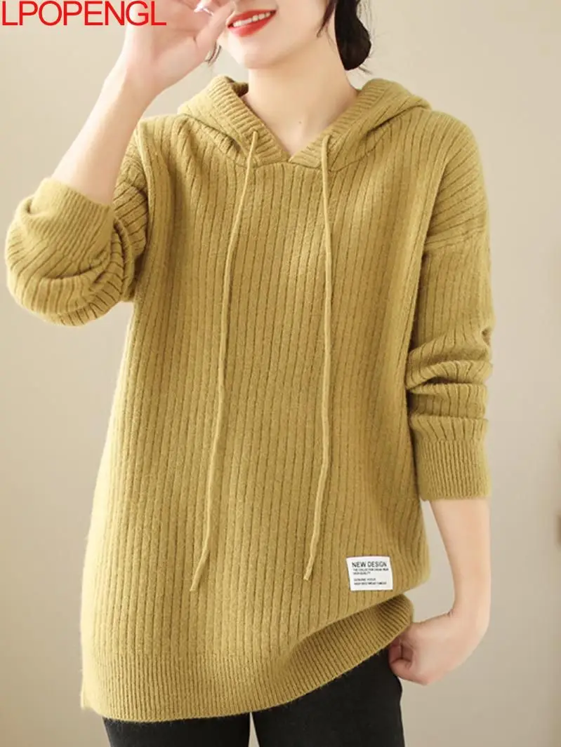 

Women's Autumn And Winter Literary And Casual All-match Hooded Knitted Solid Color Comfortable Long Sleeves A-straight Sweater