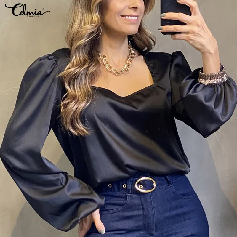

2022 Autumn Women Square Collar Shirt Celmia Elegant Puff Long Sleeves Solid Blouse Casual Loose Satin Silk Party Tops Oversized