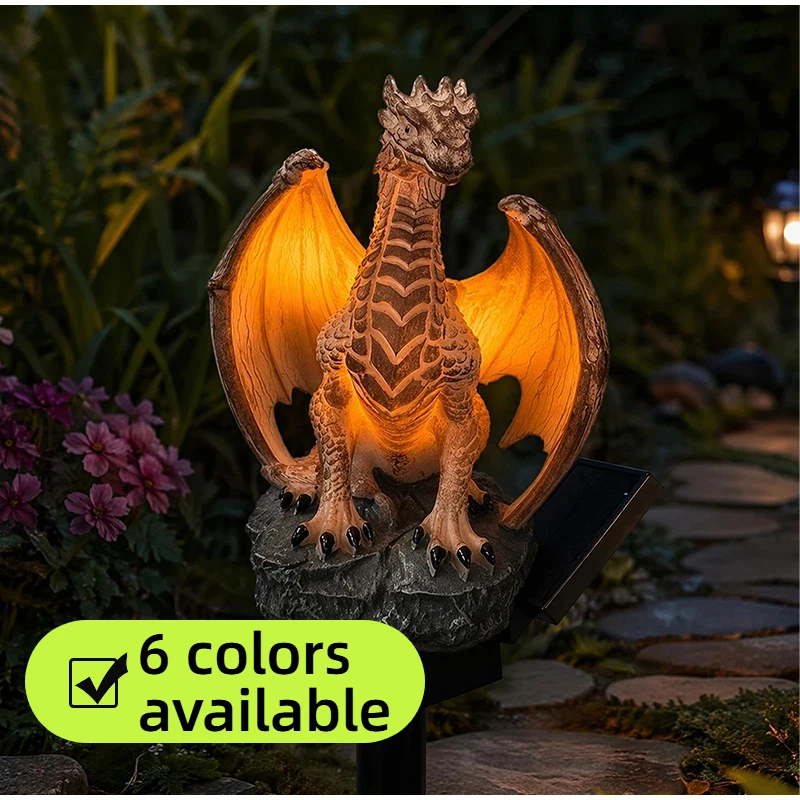 Фото Садовый светильник Dragon Legacy Golden Ember Edition, солнечная лампа-статуя для улицы, готический средневековый фэнтезийный декор для дома и сада №1