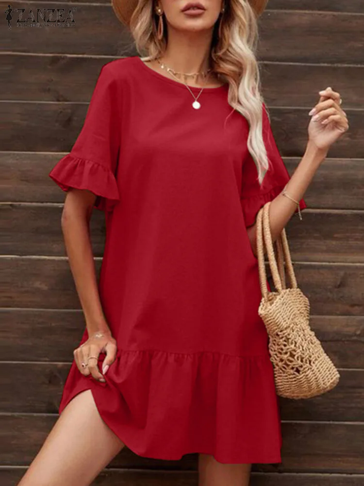 

Summer Holiday Sundress Solid Loose Beach Dress ZANZEA Women Elegant Causal Dresses Knee-length Robe Party Vestido Kaftan Femme