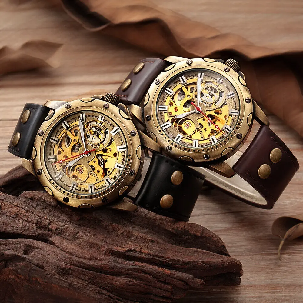 

Luxury Brand New Item Men's Watches Vintage Bronze Tone Case Skeleton Automatic Self Wind Mechanical Wristwatch Nice Gift