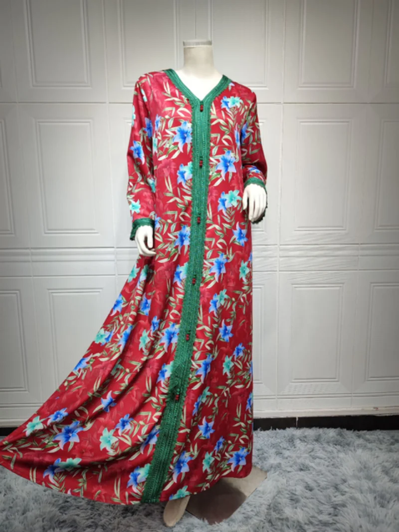 Eid Muslim Women Abaya Morocco Party Dress Abayas Floral Print Elegant Prayer Long Sleeve Robe Ramadan Musulman Maxi Vestidos