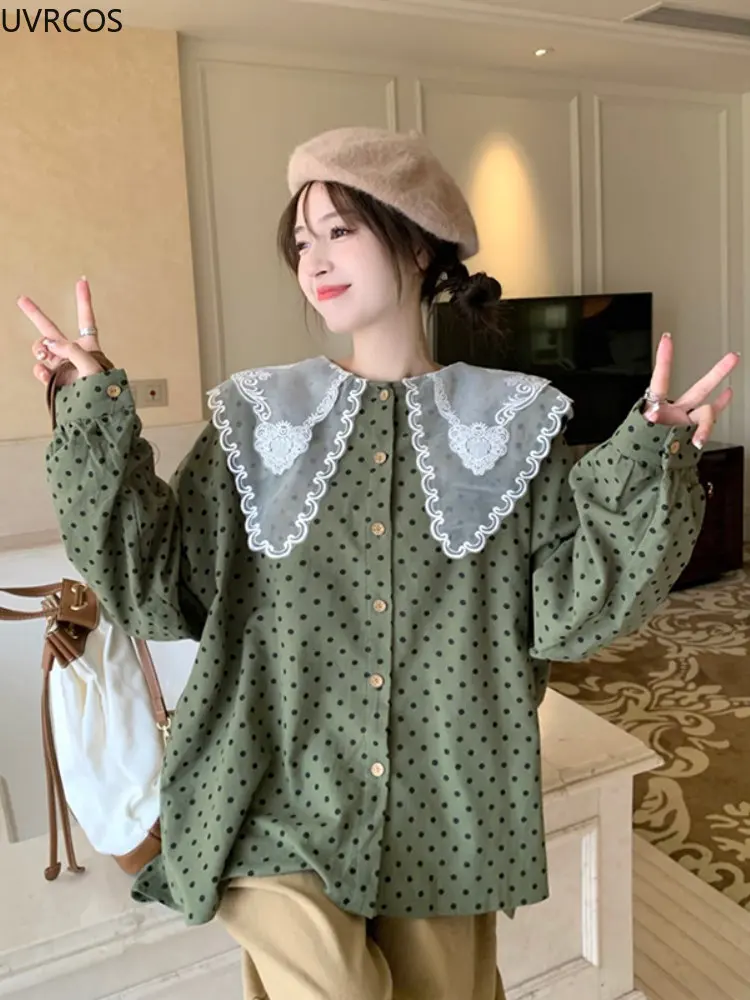 

Japanese Vintage Lolita Style Blouses Women Sweet Lace Embroidery Polka Dot Print JK Shirts Kawaii Girly Long Sleeve Blouse Tops
