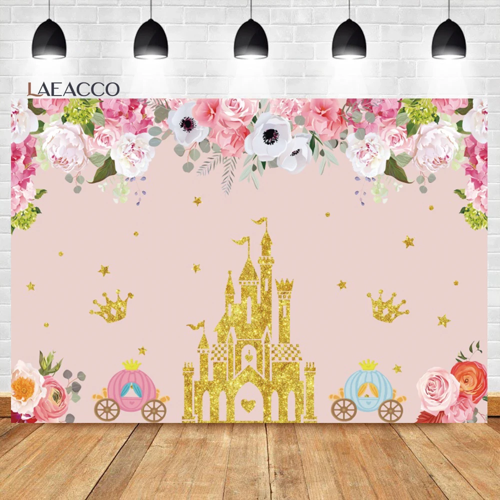 

Laeacco Pink Castle Birthday Backdrop Princess Floral Gold Dots Stars Girl Baby Shower Portrait Customized Photography Backgroun