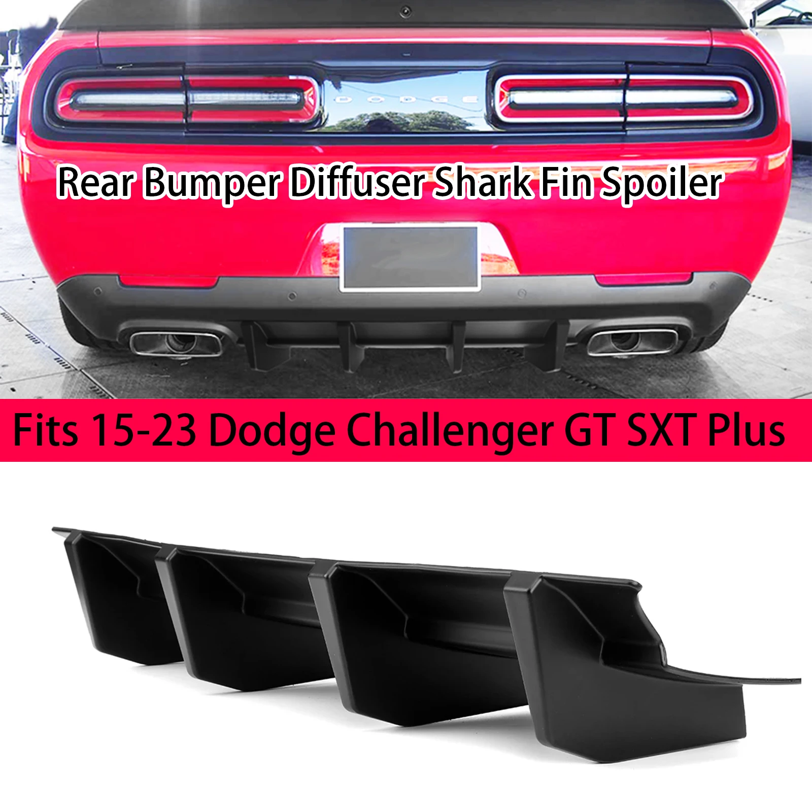 Rear Bumper Diffuser Lip Splitter Shark Fin Spoiler For 15-23 Dodge Challenger GT SXT Plus Matte Black Glossy Black