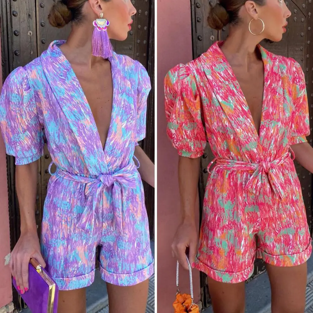 

Women Summer Printing Short Romper Deep V-Neck Short Sleeve Shorts Bodysuit Jumpsuit Spliced High Waist Lace-up Playsuit Overall