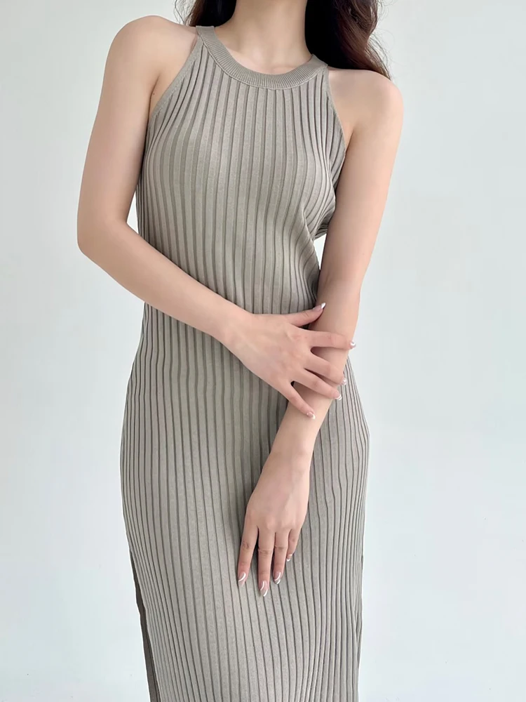 

YENKYE New Fashion Women Sexy Slits Sleeveless Knit Dress Midi Vestido
