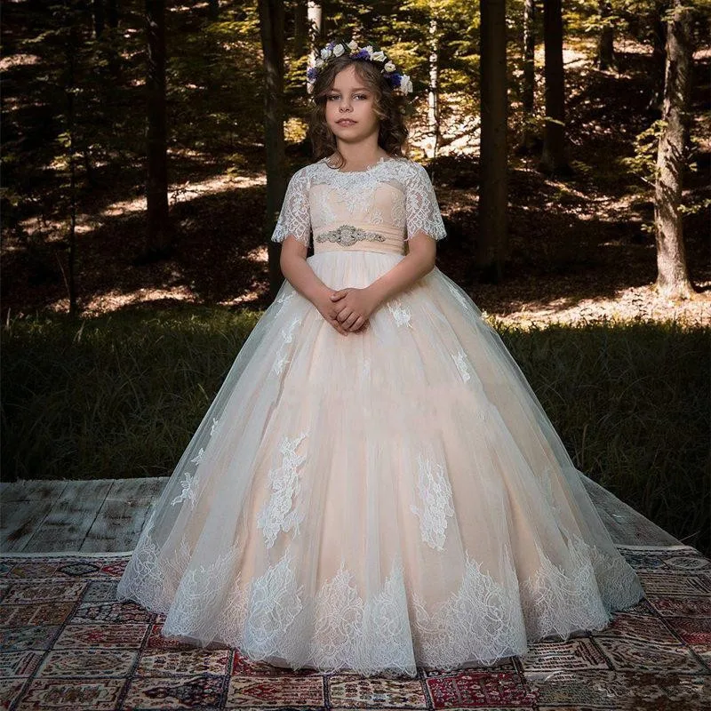 

Formal Princess Gown Kids Flower Girl Dresses for Wedding Half Sleeve Puffy Tulle Champagne Vestidos De Primera First Communion
