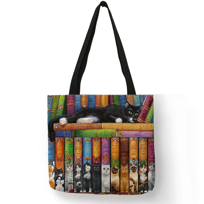 

Oil Painting Cat Print Womens Designer Tote Bags Linen Reusable Customize Shopping Bag For Groceries Shoulder Bags for Lady