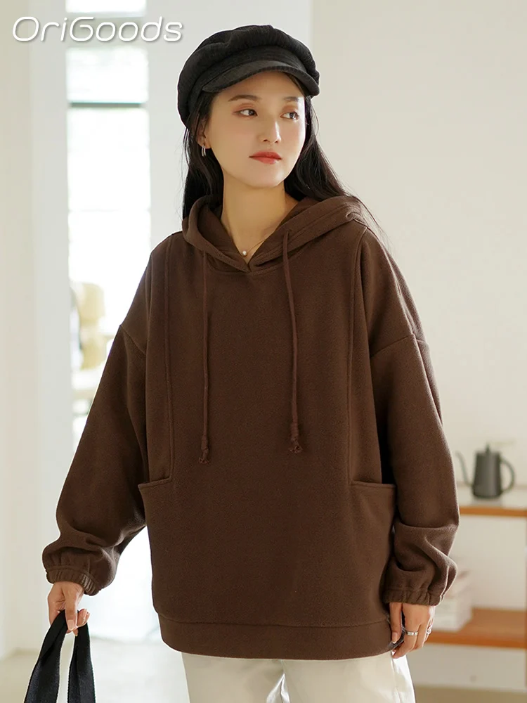 

OriGoods Fleece Hoodie Coat Women 2022 Autumn Winter Warm Hoodies Coats Loose Casual Korean Style Tops Outerwear Q005