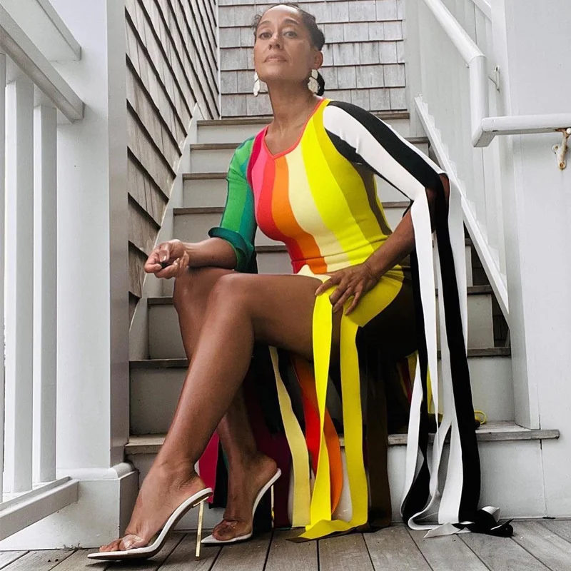 

Znaiml Elegant Party Evening Celebrity Birthday Dresses for Women Summer Rainbow Striped Long Sleeve Tassel Bodycon Maxi Dress