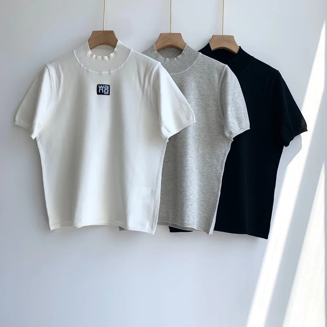 

Women Knit Slim Thin Tee 2022 New Letter Embroidery Knitted Bottoming Pullover Fashion Female Knitwear T-Shirt tops