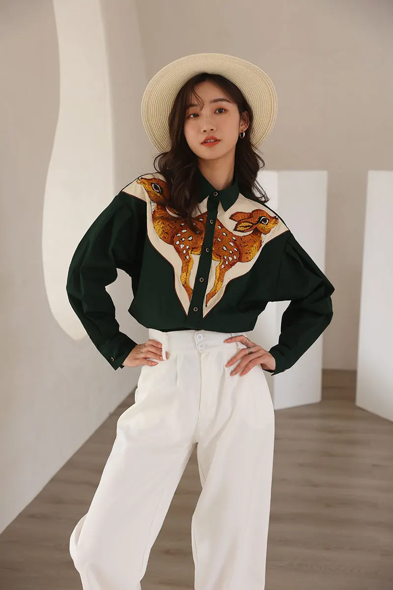 

CHEERART Deer Embroidered Long Sleeve Shirt Vintage Button Up Collar Dark Green Shirt For Women Designers Tops And Blouses 2021
