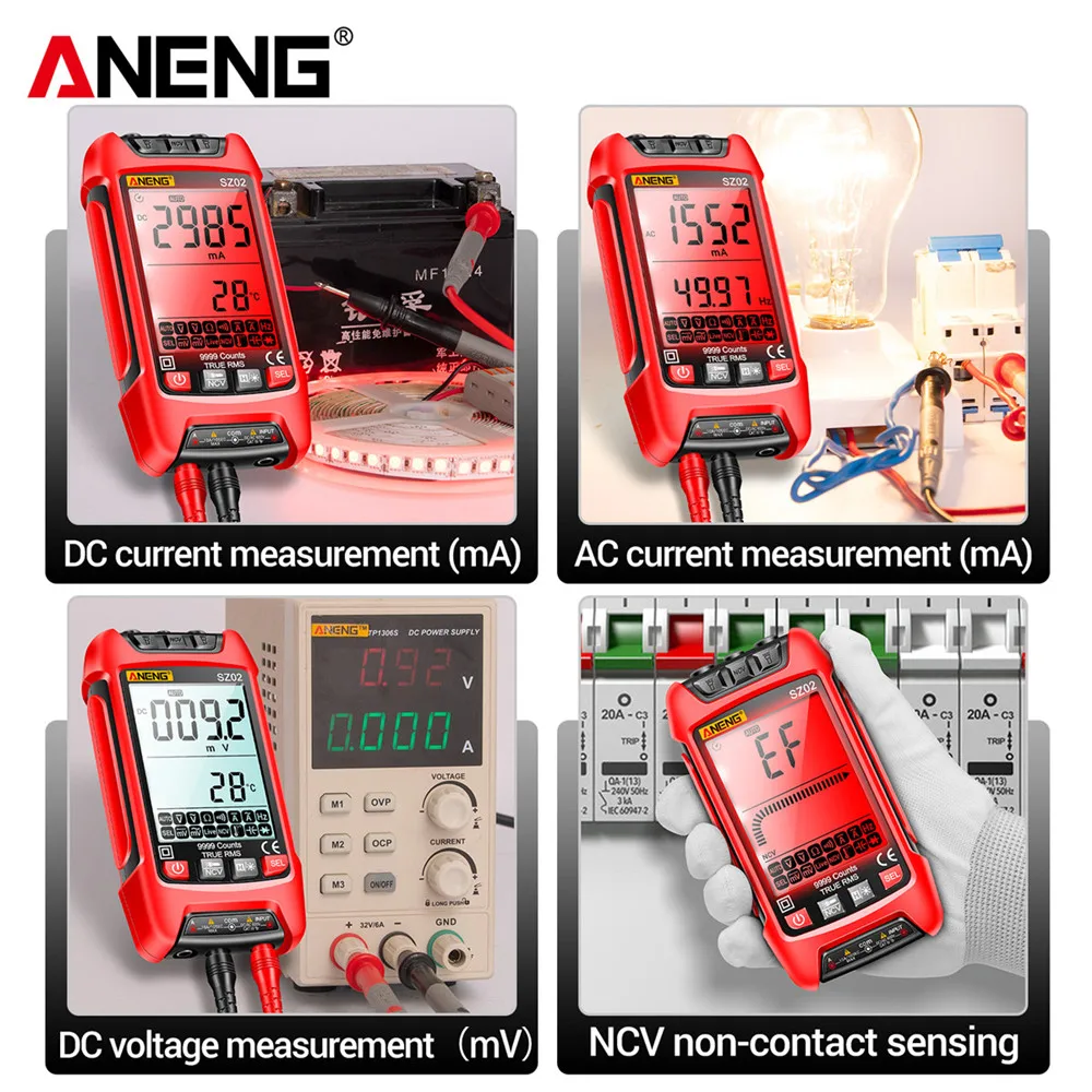 

9999 Counts Handheld Digital Multimeter Auto Range True RMS Multimeter Diode Resistance Frequency High Precision with LED Lights